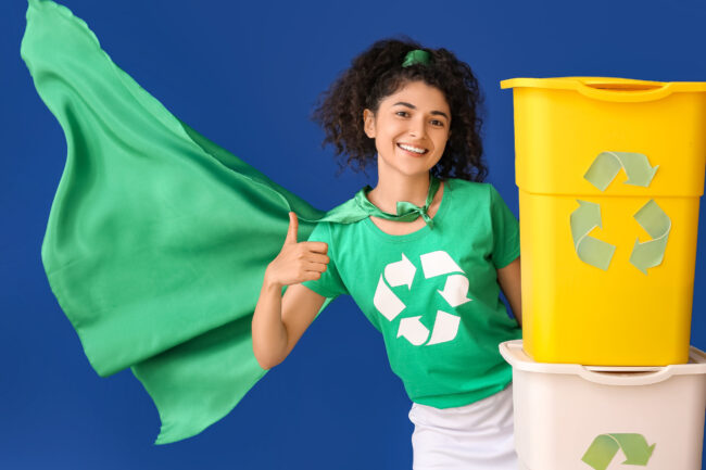 Woman dressed as eco superhero with trash bins showing thumb-up