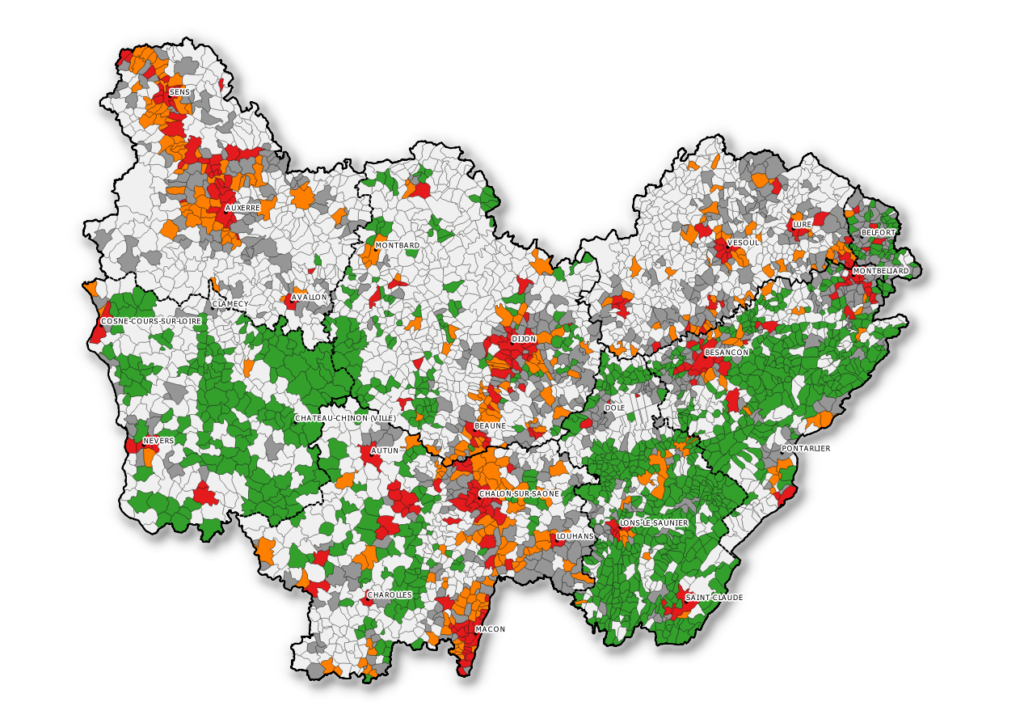 Exposition des populations aux risques climatiques en 2016(Source des données ONERC, Cartographie Alterre BFC, 2020)