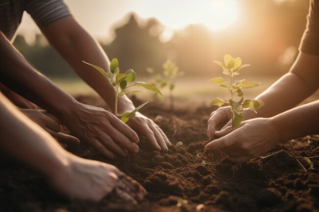 Planting people plants sunset. Generate Ai